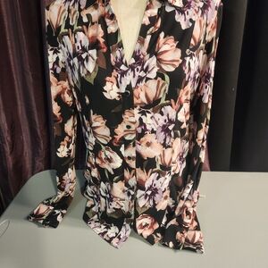 Cache Black and Pink Floral Button-Down Shirt
